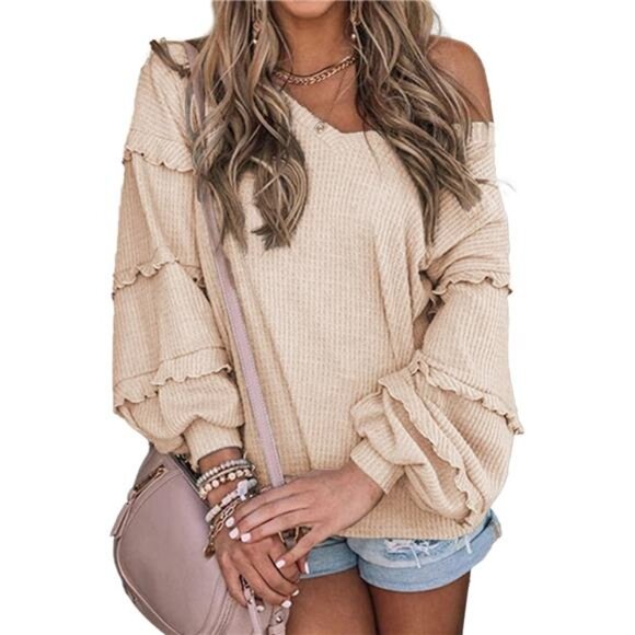 Tops - Women's V Neck Long Sleeve Blouse Solid Apricot